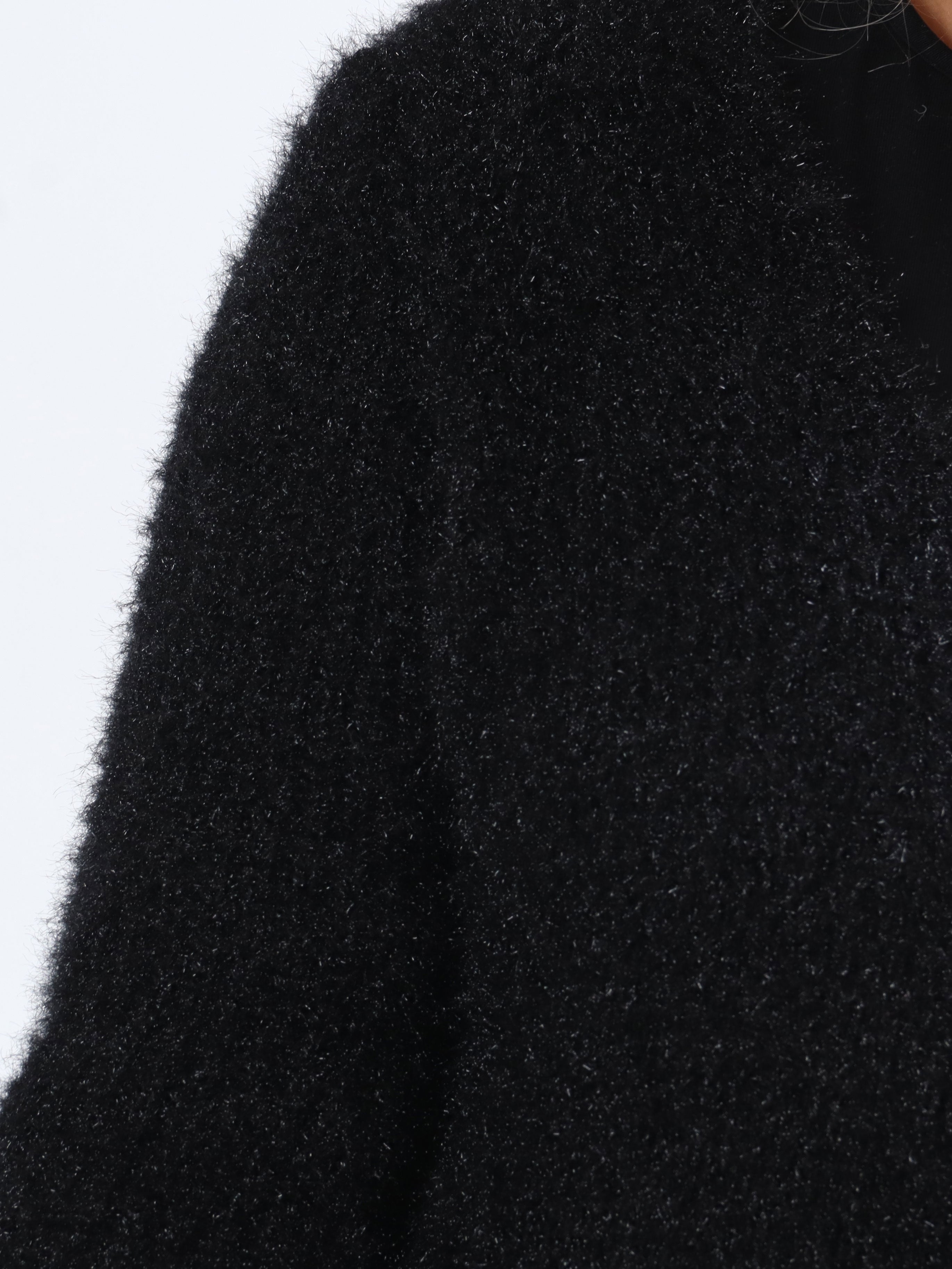 Levy - Sort plus size fluffy cardigan med lommer